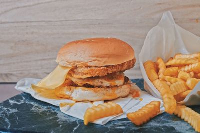 Close-up of burger on table