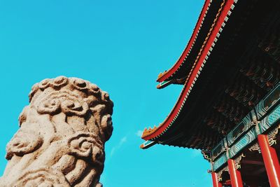 Low angle view of temple against clear blue sky