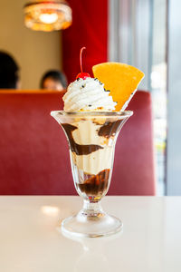 Close-up of ice cream on table