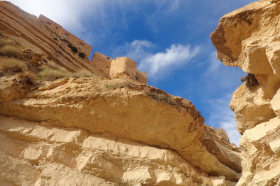 Low angle view of rock formation against sky