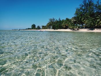 Scenic view of sea against clear blue sky