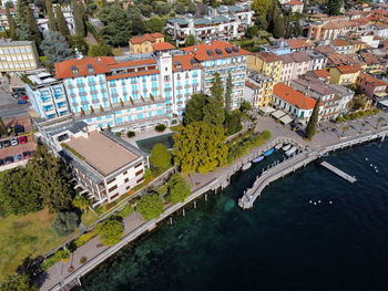 Aerial view of the lake front of gardone riviera, garda lake, italy.