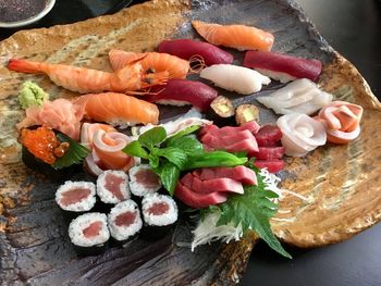 High angle view of sushi on table