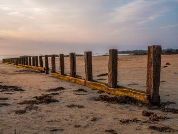 Wooden posts on beach against sky during sunset