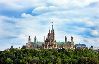 Buildings in city against cloudy sky