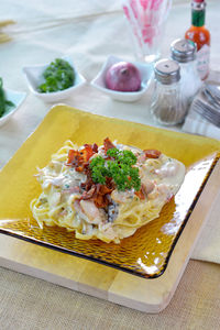 High angle view of food on table