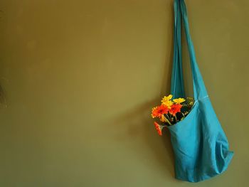 Close-up of yellow flower against blue wall