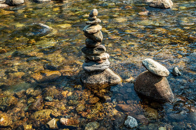 High angle view of stones on rock in water