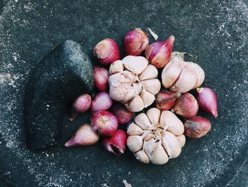 High angle view of garlic and onions on mortar