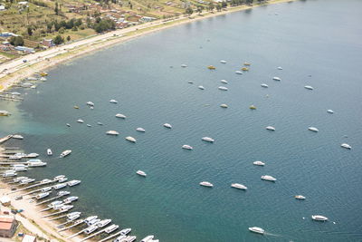 High angle view of boats in sea