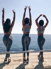 Rear view of female friends with arms raised standing on promenade