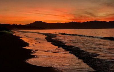 Scenic view of sea against romantic sky at sunset