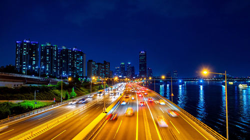 Light trails on road at night