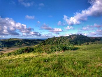 Scenic view of agricultural field against sky