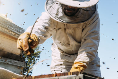 Low angle view of beekeeper working at farm