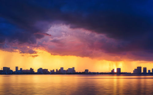 City at waterfront during sunset