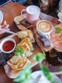 High angle view of food served on table