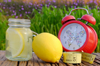 Close-up of drink in glass jar on table