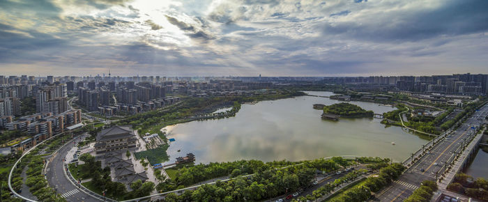 High angle view of buildings against sky in city