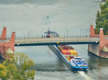 High angle view of sailboat sailing on river