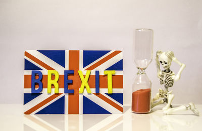 Close-up of glass bottle on table against white background