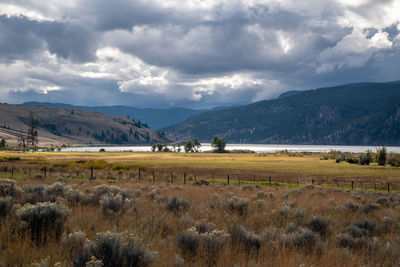 Scenic view of field against cloudy sky