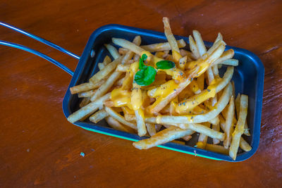 High angle view of pasta in plate on table