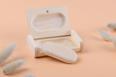 High angle view of beauty products on pink background