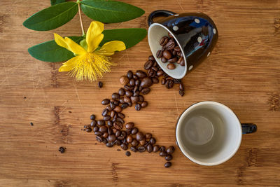 High angle view of coffee beans on table