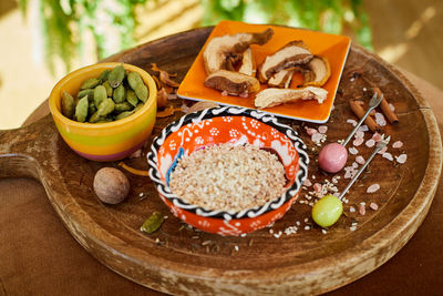 Close-up of food served on table