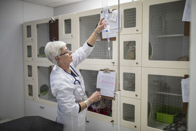 Veterinarian checking iv drip