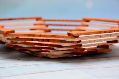 Close-up of stack on table