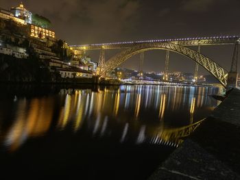 Illuminated bridge over river at night