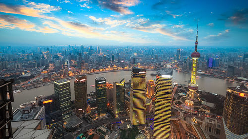 High angle shot of illuminated cityscape