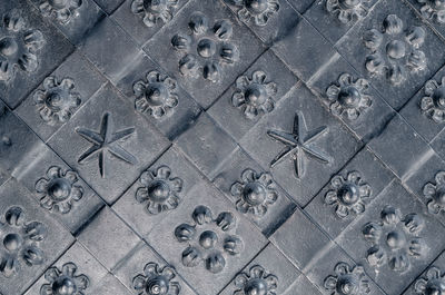 Pattern on metal. close up of decorative black metal gate background.