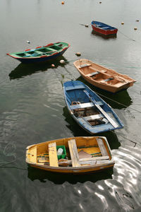 High angle view of boat moored in lake