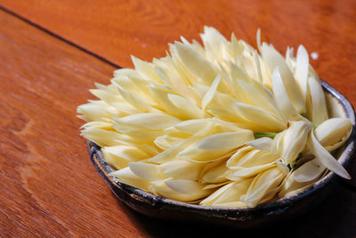 High angle view of pasta in bowl on table