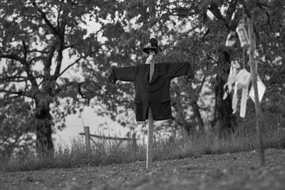 Scarecrow against trees on field