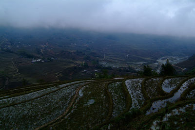 High angle view of field against sky