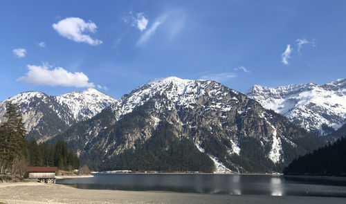 Scenic view of snowcapped mountains against sky