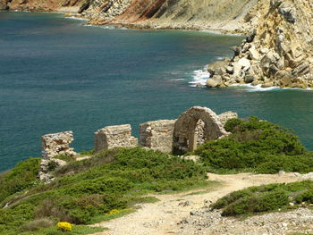 High angle view of cliff by sea