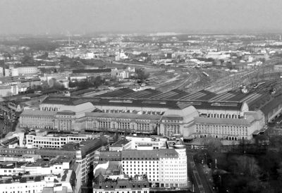 High angle view of buildings in city against sky