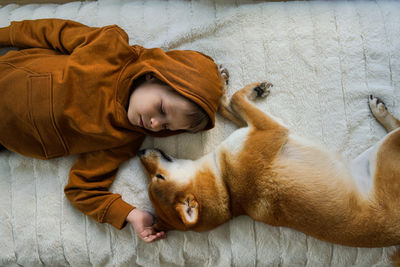 View from above on cute boy and his domestic ginger dog are lying on white blanket 