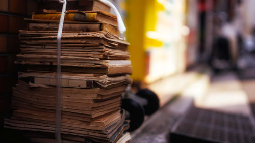 Close-up of books stack