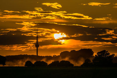 Silhouette trees on field against orange sky