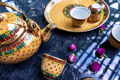 High angle view of tea cup on table