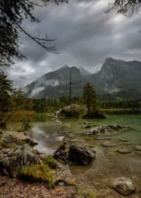 Scenic view of lake and mountains against sky