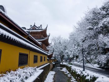Snow covered roof against sky