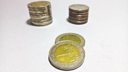 High angle view of coins