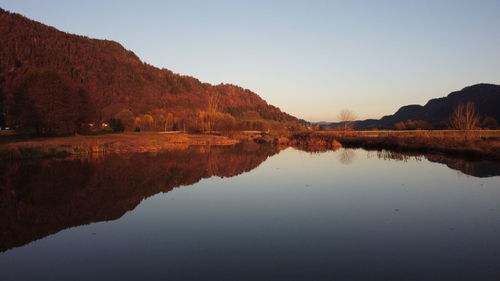 Scenic view of lake by mountains against clear sky